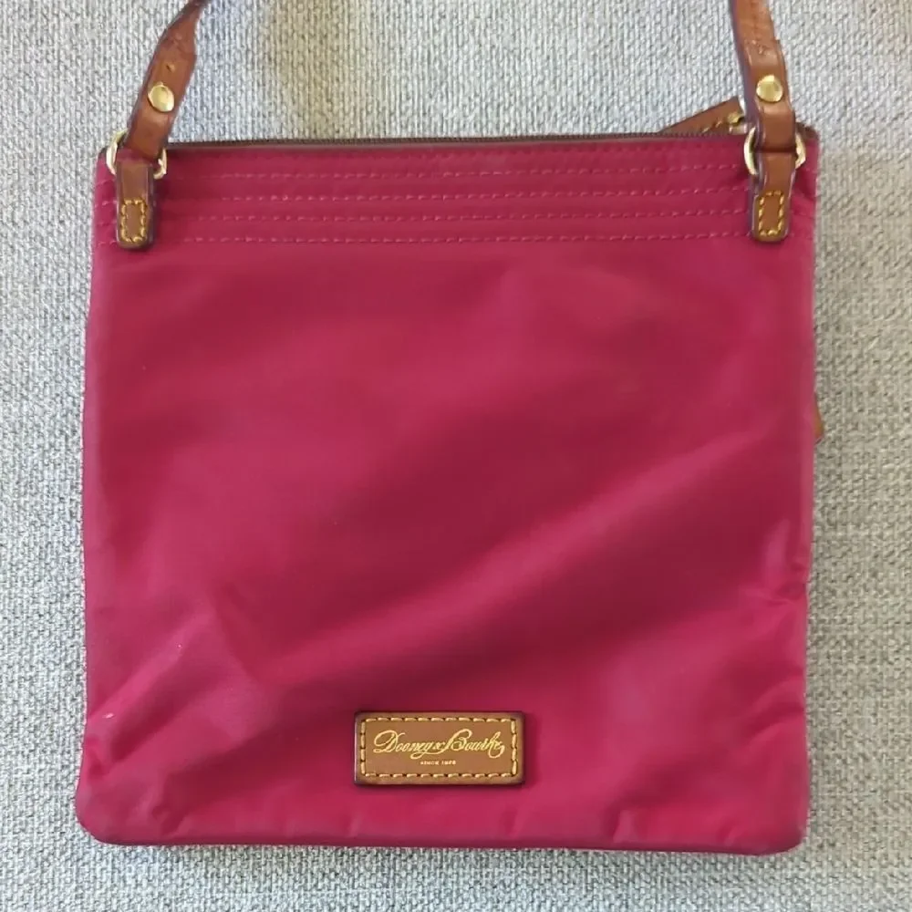 Red Nylon Dooney & Bourke Triple Zip Crossbody with tan Leather Trim